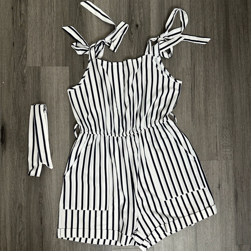 SHEIN Striped Pocketed Shorts Jumpsuit with adjustable straps and string belt